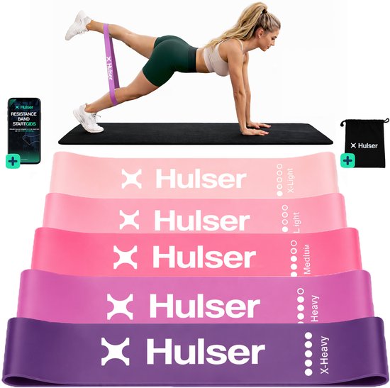 Hulser Mini resistance band set 5-delig - 2 tot 18 kg - 30 cm - Met digitale startgids - Roze - Weerstandsband - Fitness booty band - Stretch elastiek - Bands - Power band weerstandselastiek