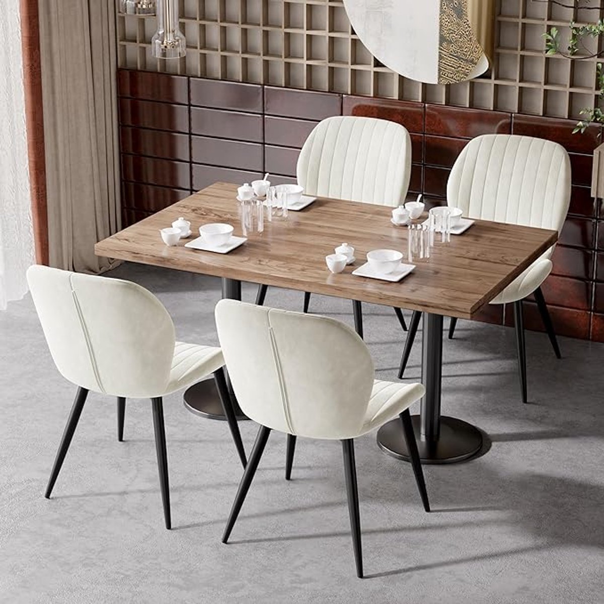 Eetkamerstoelen Set van 6 – Ergonomische Armleunstoelen Gestoffeerd in Crème Fluweel – Metalen Poten, Waterdicht Materiaal, 45x51x86 cm – Comfortabel, Robuust & Modern – Abkantoor