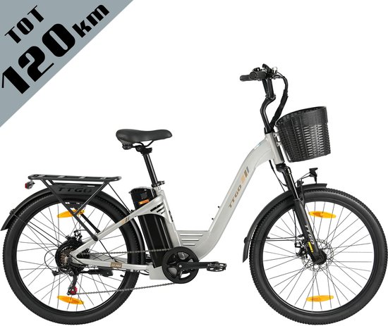 TTGO Elektrische Fiets C2 Pro - 26" stadsfiets - Tot 120 km Actieradius - 36V 18Ah Accu - Shimano 7 Versnellingen - LCD Display - Voorvorkvering - Inclusief Bagagedrager en Mand - zilver