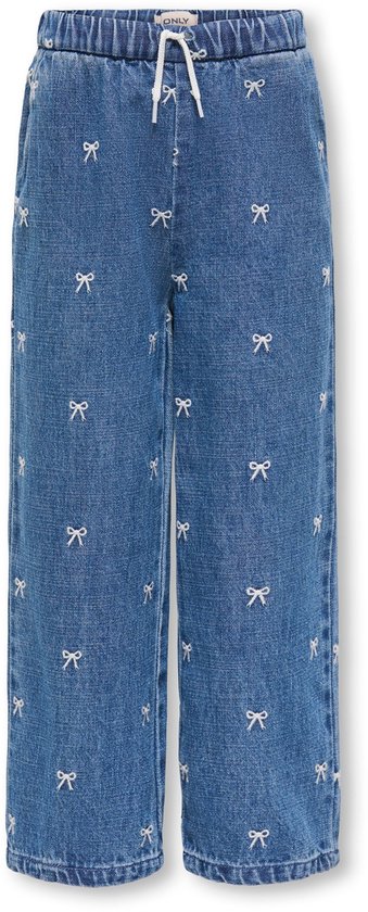 Blauwe jeans met strikjespatroon, elastische tailleband en witte trekkoorden.