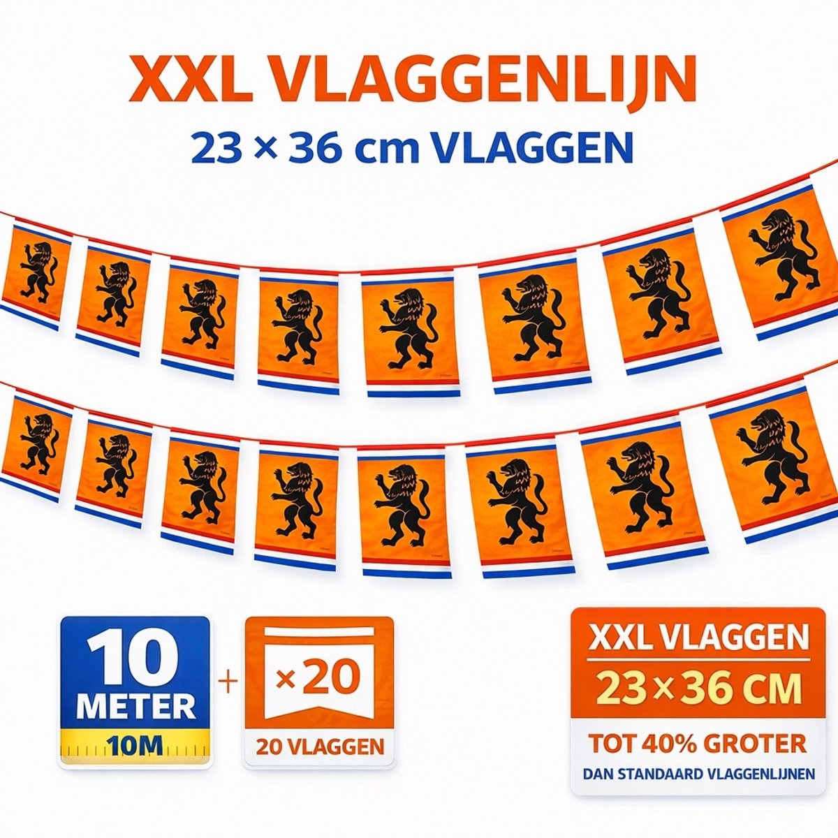 12x Benza XXL Oranje Vlaggenlijn met Leeuw – 12 × 10 Meter – 240 Extra Grote Vlaggen 23 × 36 cm – Holland Versiering – EK/WK Voetbal – Koningsdag – Straatfeest Decoratie