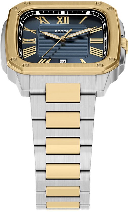 Zilverkleurig herenhorloge met gouden details op de kast en schakelband. Blauw met Romeinse cijfers en datumaanduiding.
