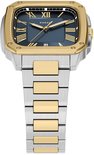 Zilverkleurig herenhorloge met gouden details op de kast en schakelband. Blauw met Romeinse cijfers en datumaanduiding.