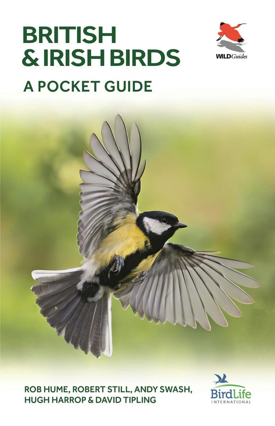 Vogelgids Britse en Ierse vogels, een koolmees in de lucht met gespreide vleugels. "BRITISH & IRISH BIRDS A POCKET GUIDE"
