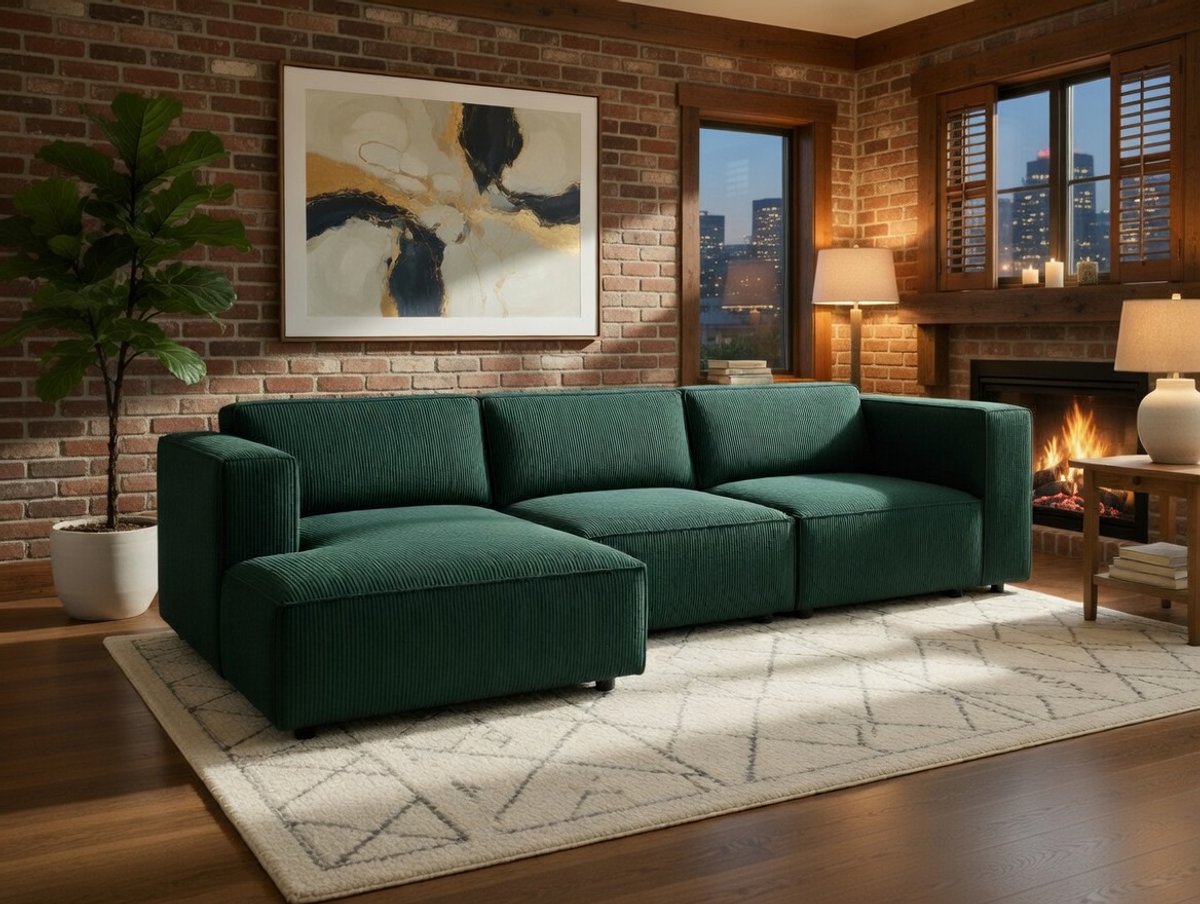 Hoekbank L-vorm Arendal – Chenille met Ribbeleffect – 4-zits – 284x166 cm –groen– Bellavero