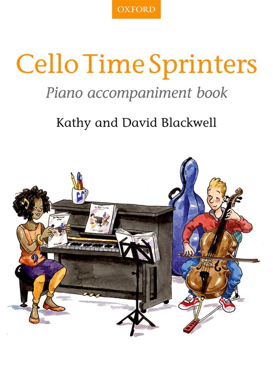 Livre intitulé Cello Time Sprinters, avec une illustration d'une pianiste et d'un violoncelliste.