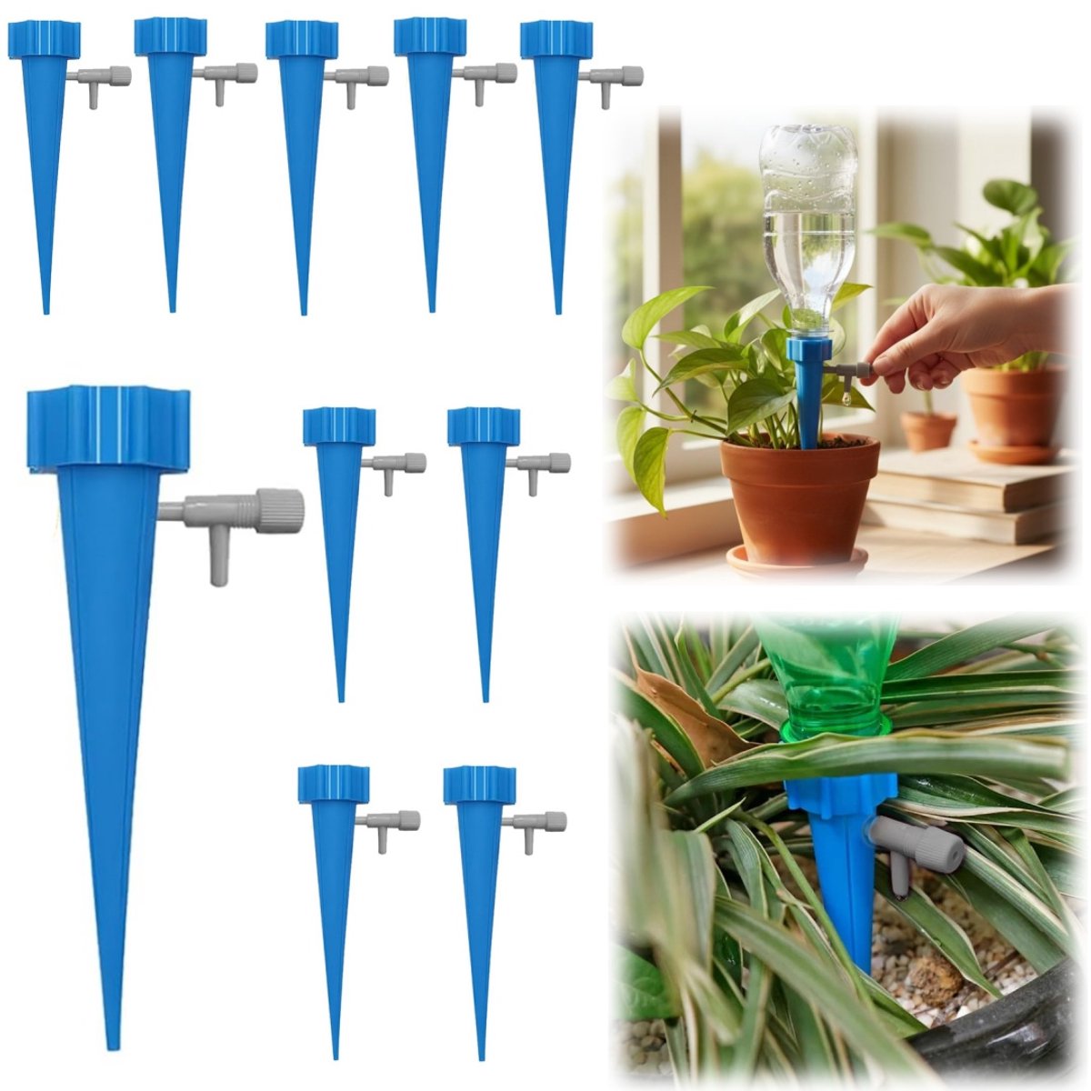 10 deleige beregeningsstaafjes - Planten druppelirrigatie - Automatisch beregeningsapparaat - Druppelirrigatiesysteem voor de tuin - Regelbare waterstroom - Met regelventiel - Voor waterflessen met een hals van 2,54 cm (3*11,2 cm - Blauw)