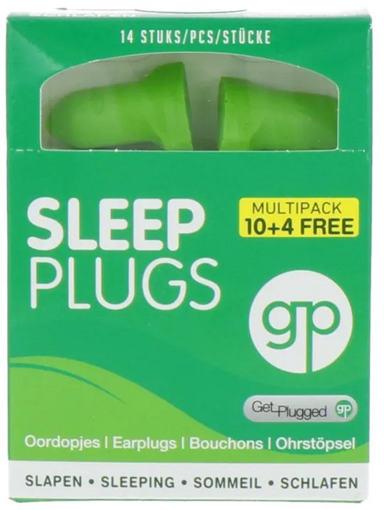 Groene verpakking met 14 stuks Sleep Plugs, multipack 10+4 gratis. Get Plugged. Oordopjes | Earplugs | Bouchons | Ohrstöpsel. Slapen.