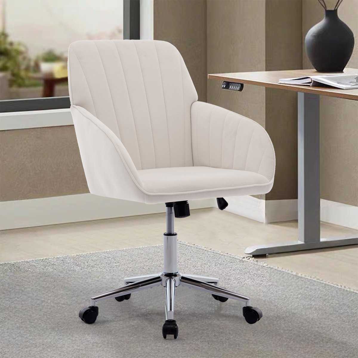 OKWISH Bureaustoel Verstelbaar - Ergonomische Draaistoel Met Wielen - Voor Kantoor En Slaapkamer - Fluweel - Wit