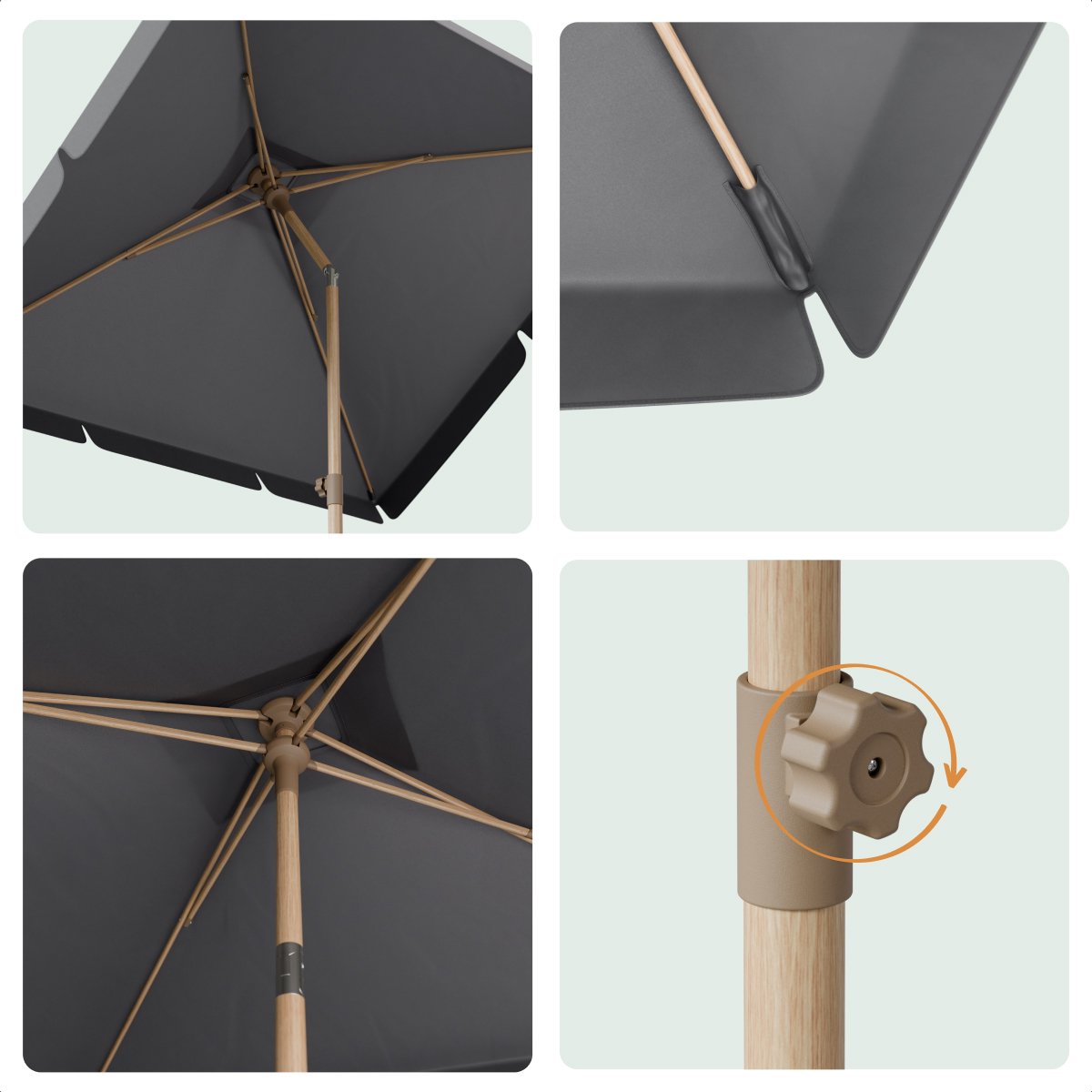 LifeGoods Parasol - Tuin - Balkonparasol - 200x125cm - 30° Kantelbaar - Waterdicht - UPF50+ - Houtkleurige coating - Donkergrijs thumbnail 7