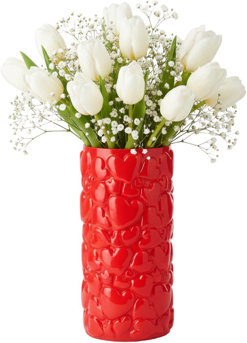 DK design Bloemenvaas Hearts - rood - keramiek - 15 x 30 cm - bloemenvaas Lente