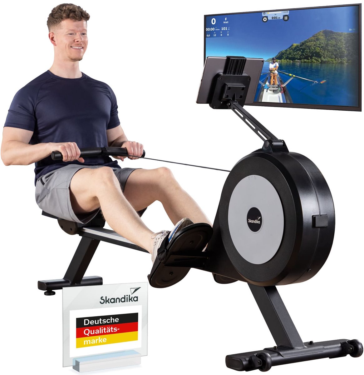 Skandika zelfgenererende roeitrainer met generator Njord P6-G - 32 elektrische weerstandsniveaus, tot 200 cm en 135 kg, compatibel met Kinomap-app, voor thuis | Fitnessapparaat voor krachttraining