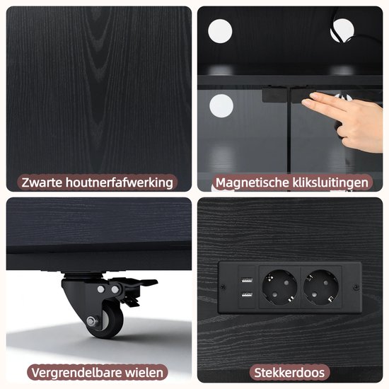 Puluomis - Platenspeler Meubel - LP-kast - Met stekkerdoos - RGB-lichtstrip - Platenspeler Kast - Platenspelerstandaard - Vintage Display Plank — afbeelding 2