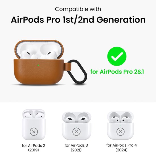 ORNARTO voor AirPods Pro 2 hoes, veganistisch lederen hoes, bruin leer - Veganistische lederen hoes, led aan de voorkant, draadloos opladen, krasbestendig, zachte aanraking, metalen karabijnhaak — afbeelding 4