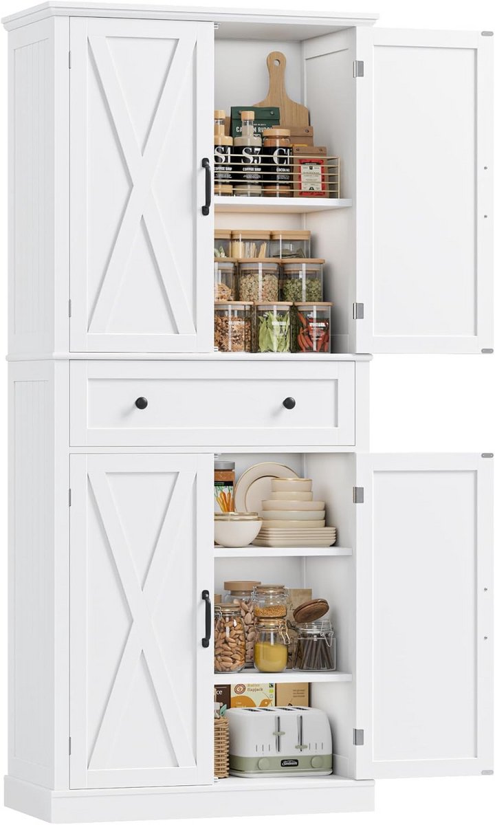 Hoge Keukenkast Buffetkast met 4 Deuren en Lade - Strak Wit Dressoir voor Woonkamer of Keuken