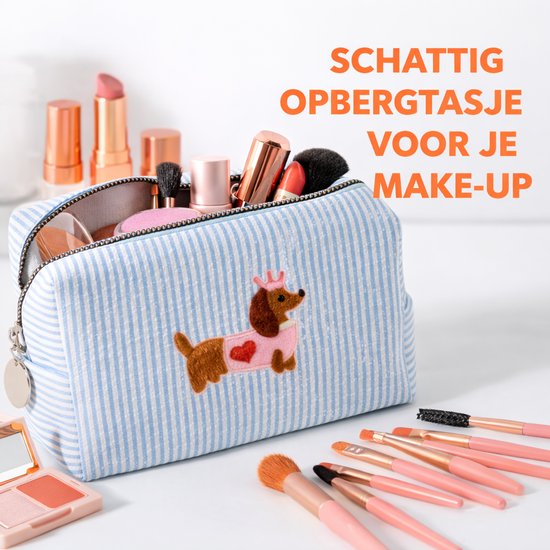Trousse à Maquillage avec Petit Chien – Trousse Cosmétique Rayée – Organiseur de Maquillage – Trousse de Toilette pour Maquillage & Voyage