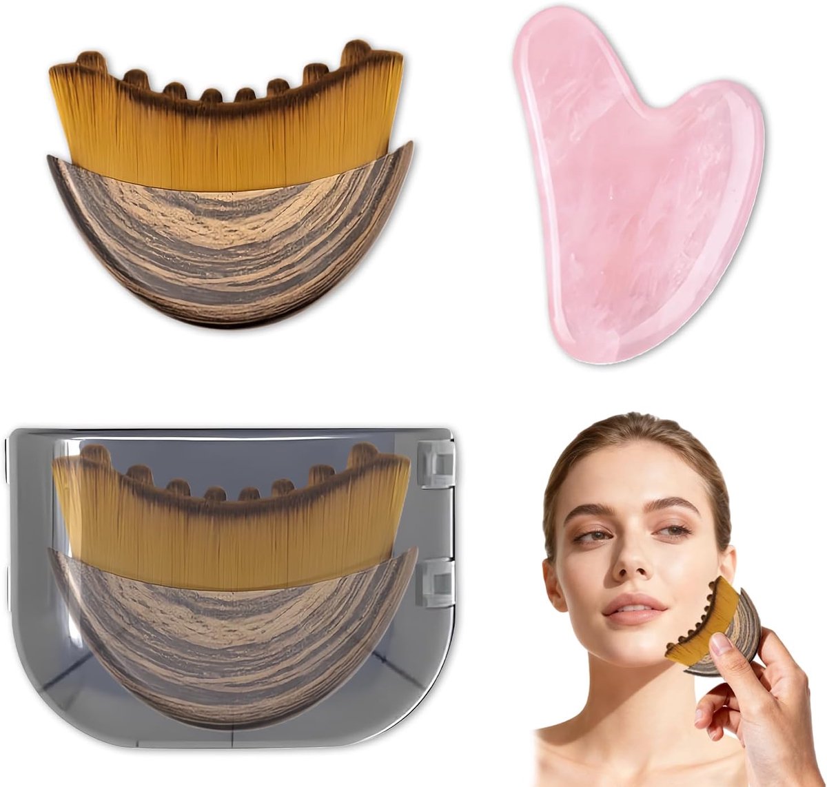 Gua Sha Set met Rose Quartz Steen en Gezichtsborstel voor Lymfedrainage en Ontspanning