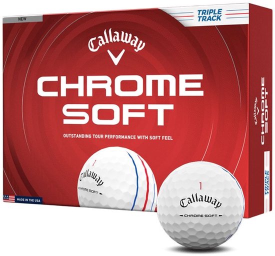 Callaway Chrome Soft Triple Track golfballen, wit met rode en blauwe lijnen. Box met 'NEW' en 'TRIPLE TRACK'.