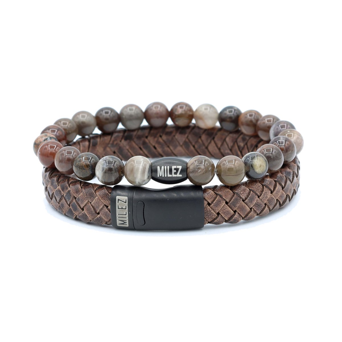 Milez - Armband set mannen - armband heren leer kralen - Donkerbruin - Maat L