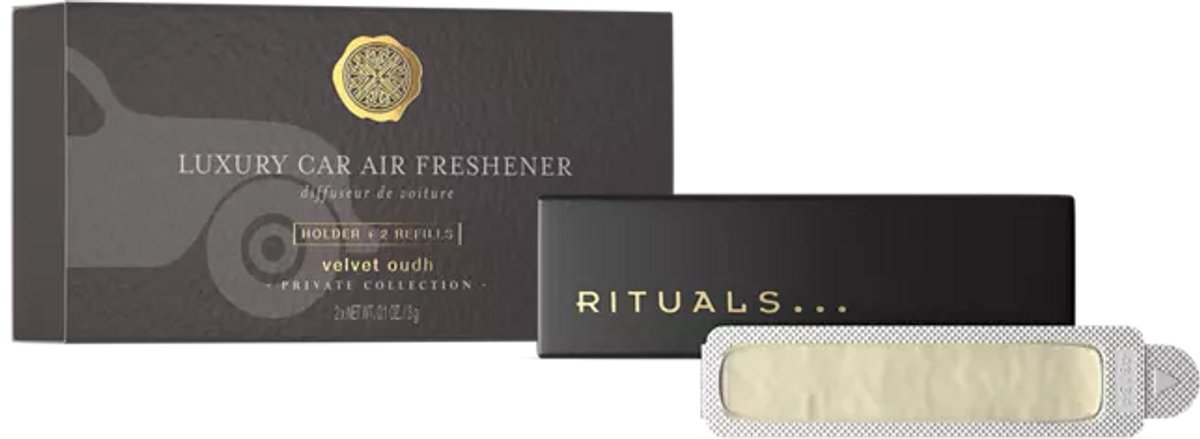 Rituals - Auto Parfum - 2x Auto Luchtverfrisser Refills 3 gram + 1x Houten Houder voor Luchtverfrisser - Velvet Oudh - Houtige bloemengeur - Autoparfum - Car Perfume - Refill - Navulling