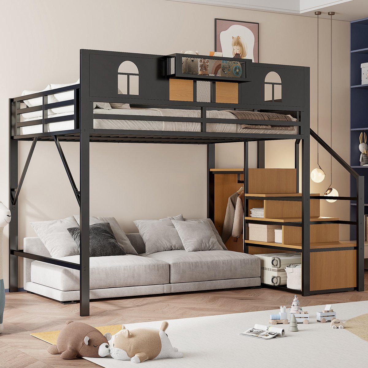 Wishdor Hoogslaper 140x200 cm - Opbergladder & legplank - Metaal en MDF - Zwart - Creëer een urban loft met slimme opbergruimte