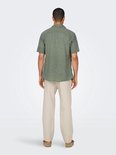Man draagt groen, kortemouwige hemd met linnen textuur en beige broek.