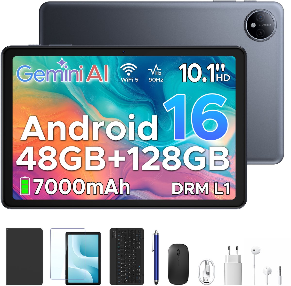 Aorlym P10 TAB - Tablet - 10,1 inch HD 90 Hz IPS - Android 16 - 48 GB RAM (8+40 GB) + 128 GB ROM - 7000 mAh - Dubbele luidsprekers - Volledige accessoirebundel met toetsenbord en stylus