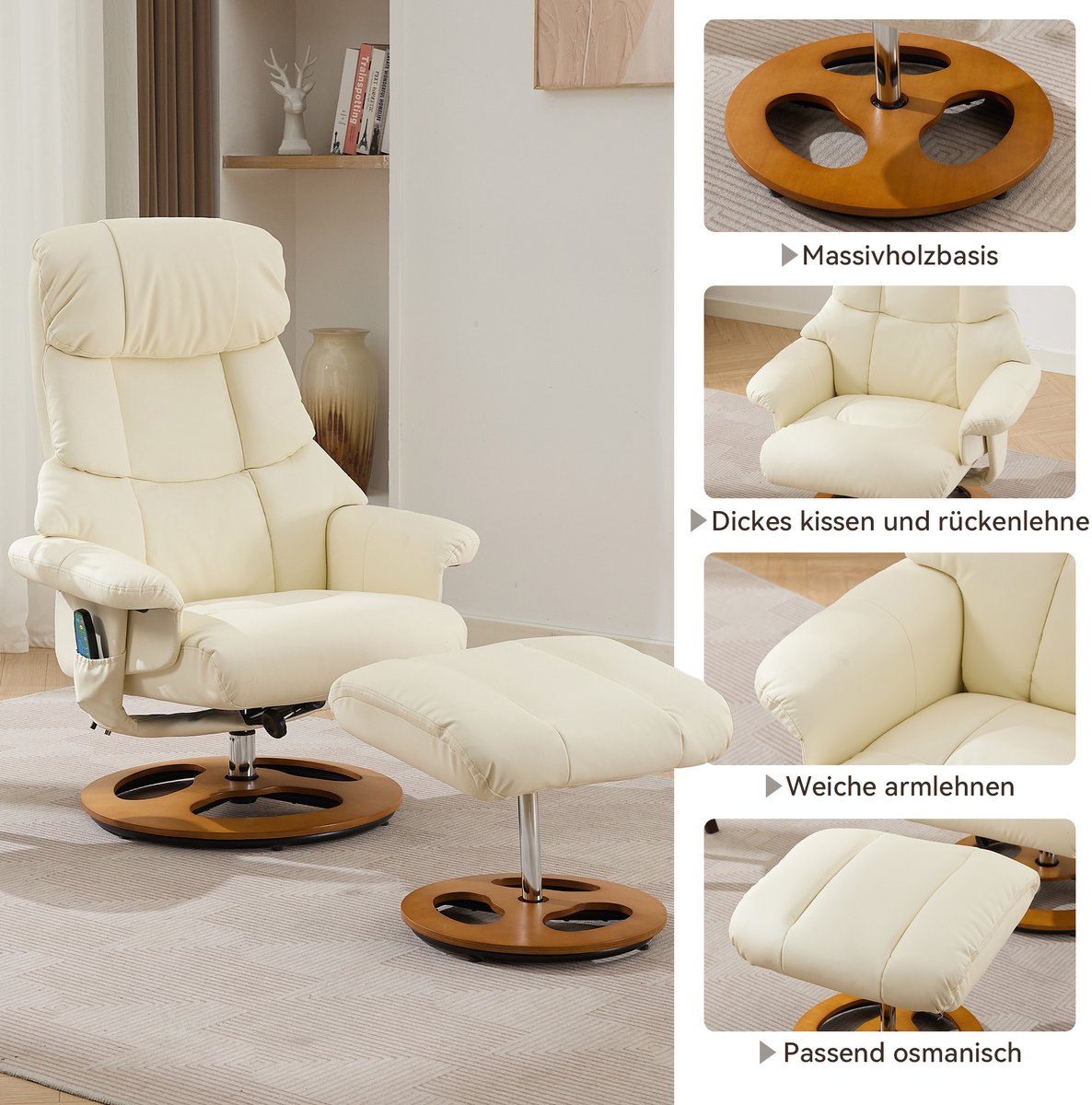 Luxe Relaxfauteuil met Massage en Verwarming - Verstelbaar met Voetenbank - 360° Draaibaar - Wit Kunstleer – foto 5