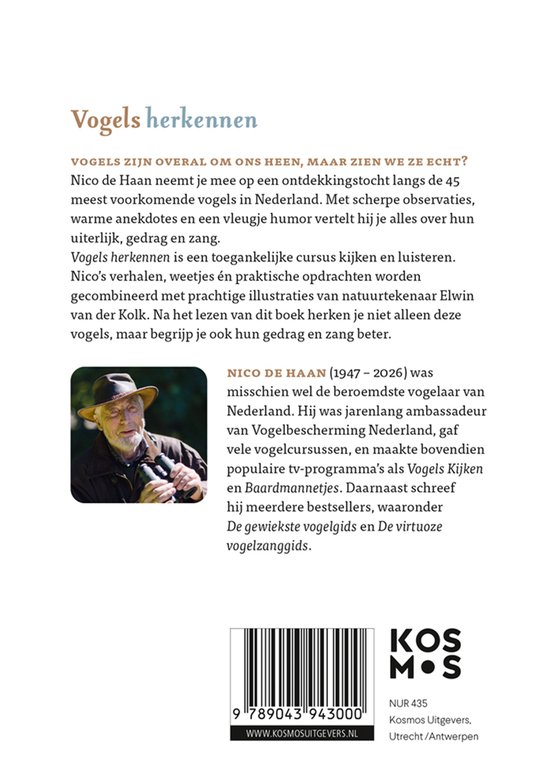 Achterkant boek 'Vogels herkennen' met foto van Nico de Haan en informatie over de inhoud.