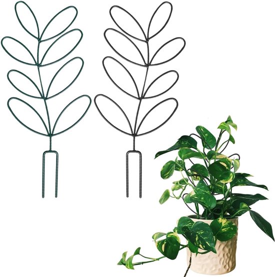 Set van 2 draadplantensteunen voor binnenplanten, kleine klimplantsteunen in de vorm van bladeren, geschikt voor potplanten en kamerplanten (zwart + groen)