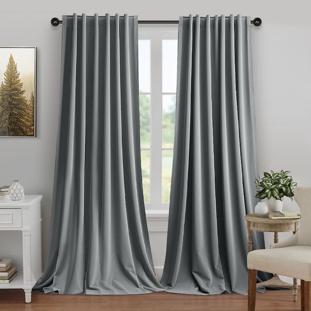 MUPOO Hotelkwaliteit Luxe Velours verduisterend Gordijnen Kant en Klaar 2 Stuks -Zware kwaliteit 260 GSM-Isolerend & tegen kou -Tochtwerend - 3-in-1 ophangsysteem-Woonkamer &Slaapkamer - Grijs - 132x274 cm