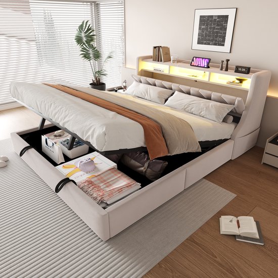 MODFU - Ledikant – 180x200 cm – Gestoffeerd – Met opbergruimte & LED – Beige fluweel