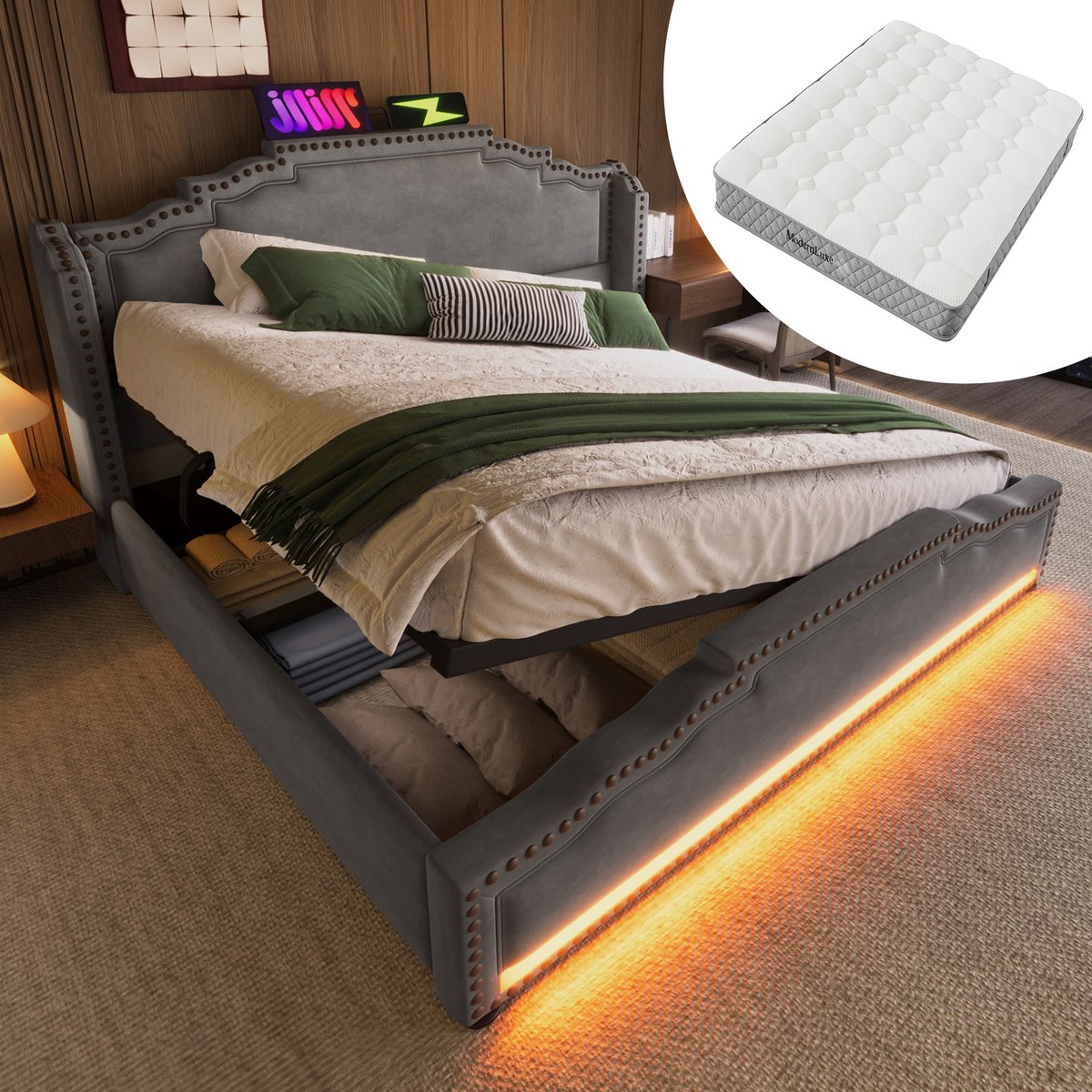 MODFU Bedframe 140x200 cm, fluweel, met opbergruimte, LED, USB-C en matras, grijs