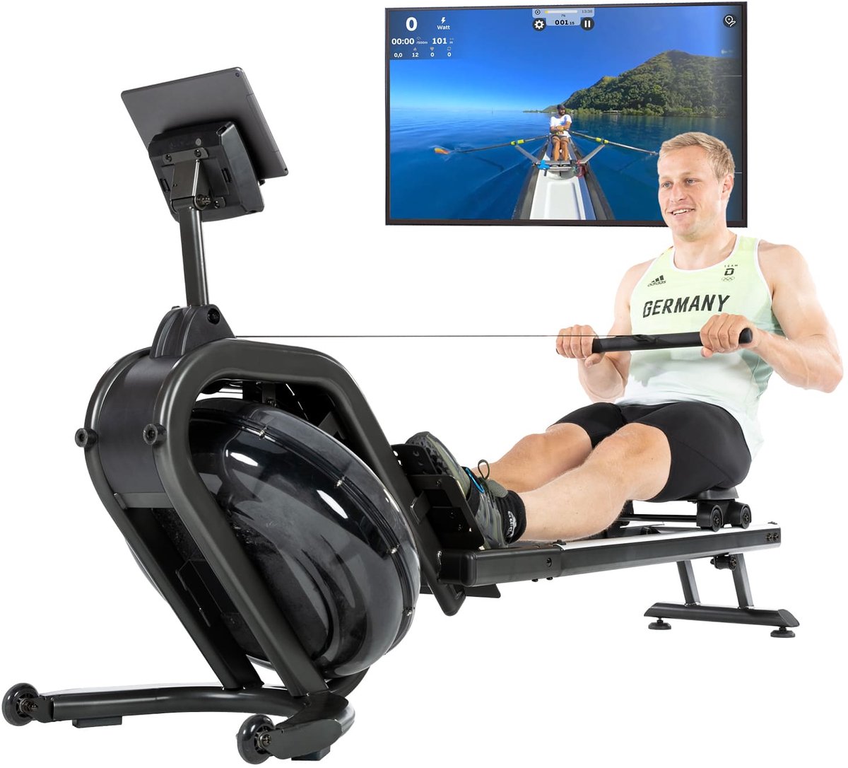 Skandika Nemo IV Water Roeimachine – Roeitrainers - Water Roeimachine – Roeiapparaat fitness voor thuis, met waterweerstand, compatibel met Kinomap App, Bluetooth, computer, tablethouder, ruimtebesparende opstelling – Roeimachines - zwart
