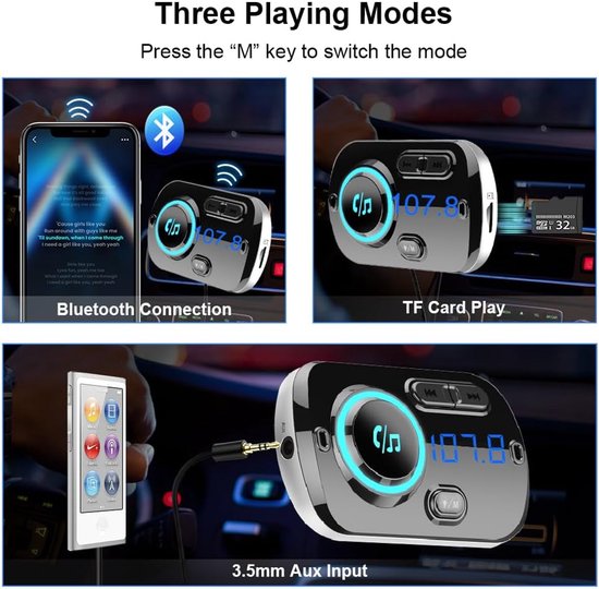 Bluetooth FM Transmitter, Bluetooth 5.0 Car Radio Transmitter, PD3.0 30W Type C & QC3.0, Bluetooth Car Music Player Adapter Hands-Free Calls, Support TF/Siri/Google — afbeelding 2