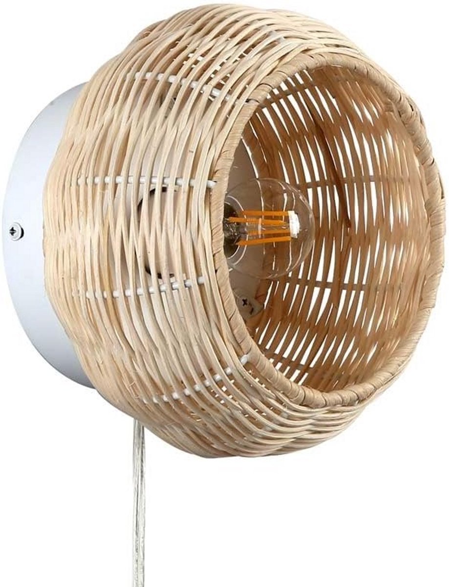 Ronde Wandlamp met Kabel en Schakelaar, Natuurlijke Rotan Kap voor Slaapkamer of Woonkamer