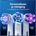 Drie Oral-B iO borstelkoppen: Gentle Care, Ultimate Clean en Radiant White, elk met verschillende kleuren borstelharen.