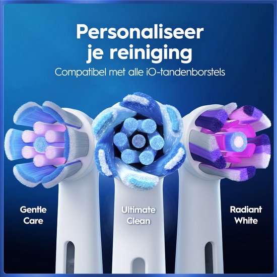 Drie Oral-B iO borstelkoppen: Gentle Care, Ultimate Clean en Radiant White, elk met verschillende kleuren borstelharen.