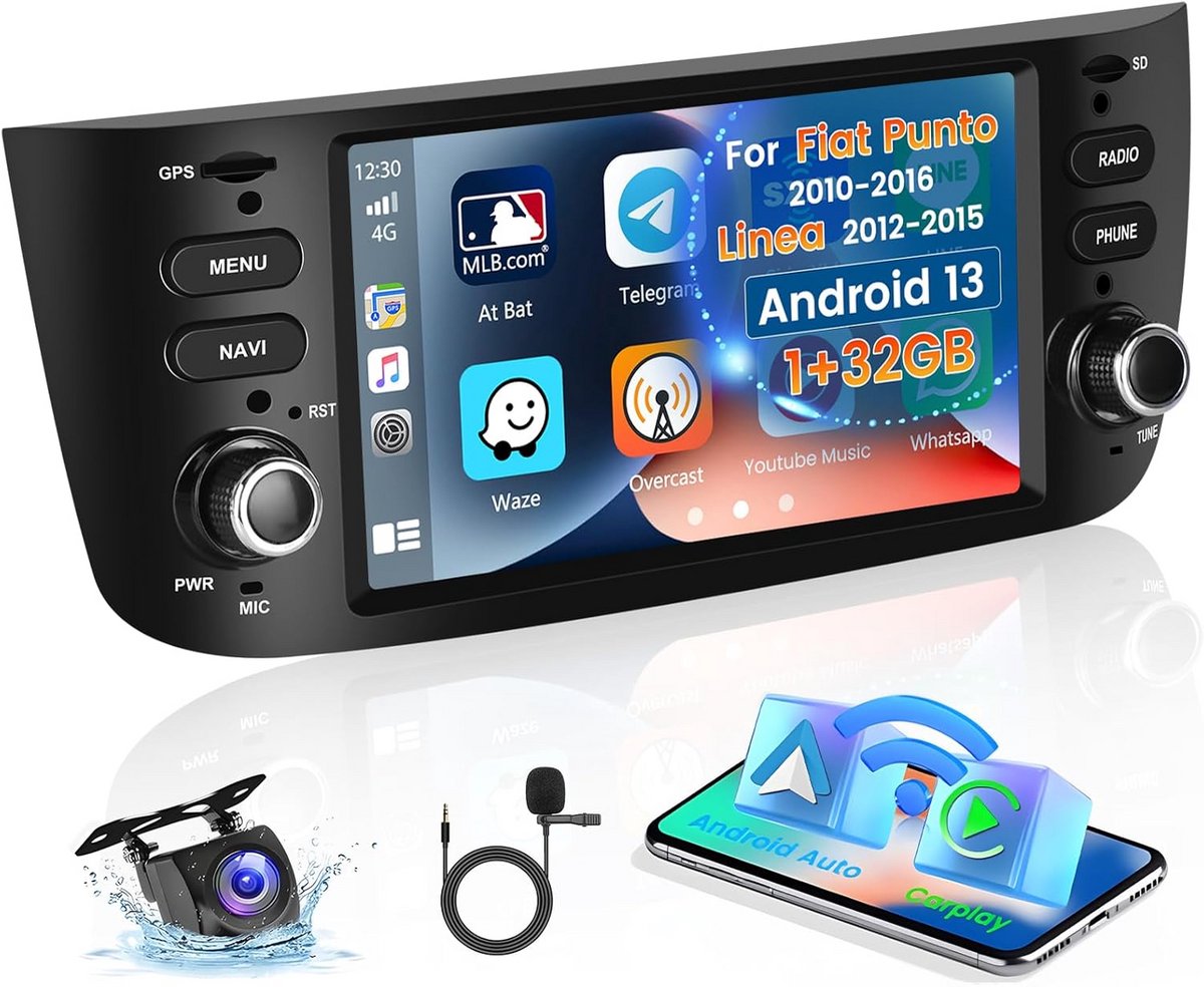 Android Autoradio 2 Din voor Fiat Punto Linea met 6.2 Inch CarPlay, GPS Navigatie en Achteruitrijcamera
