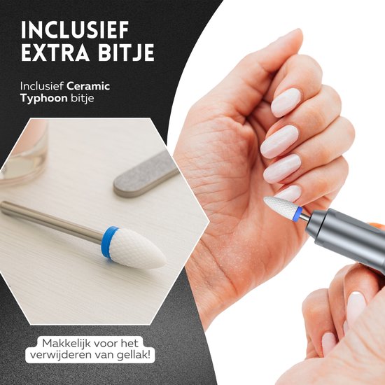 Zilverkleurige elektrische nagelvijl met keramische bit, inclusief blauwe ring. Makkelijk voor gelnagels.