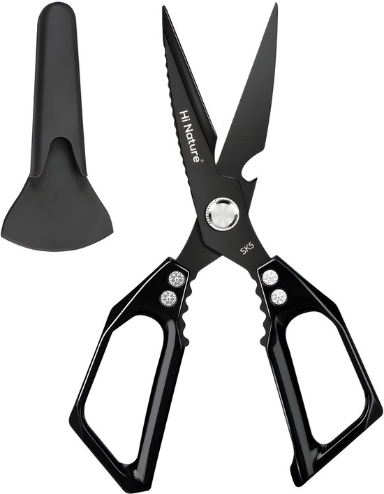 Zwarte multifunctionele keukenschaar met twee grote handvatten, een flesopener en een beschermhoes.