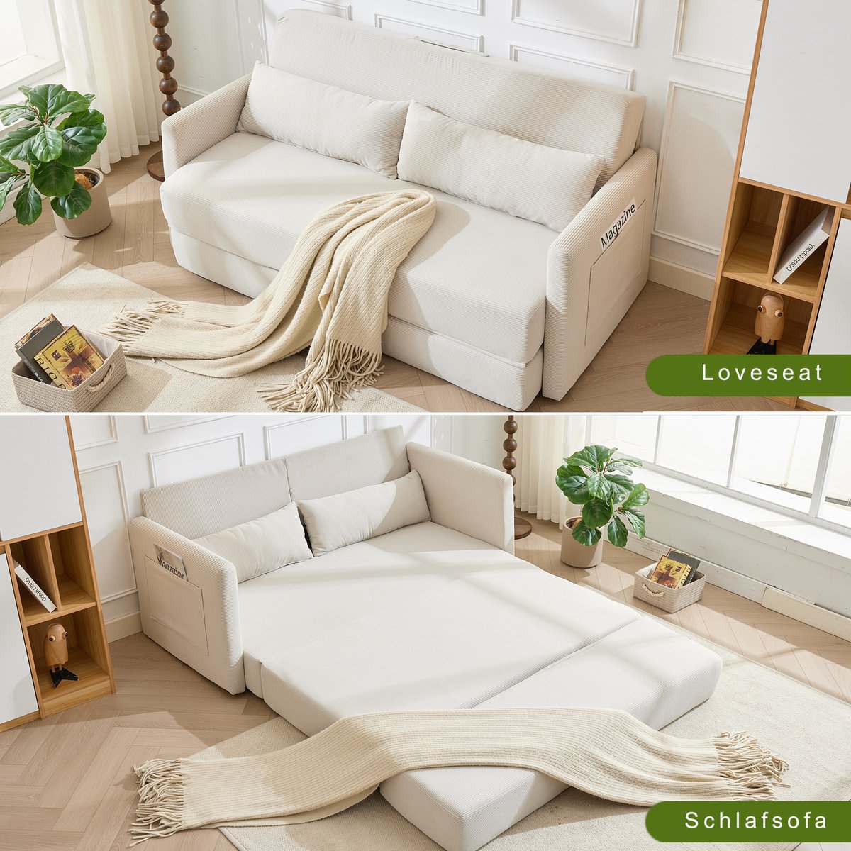 Slaapbank - 165 x 92 x 82 cm - 2-Zits Klapbank met Lendenkussens - Zijvakken - Corduroy - Beige
