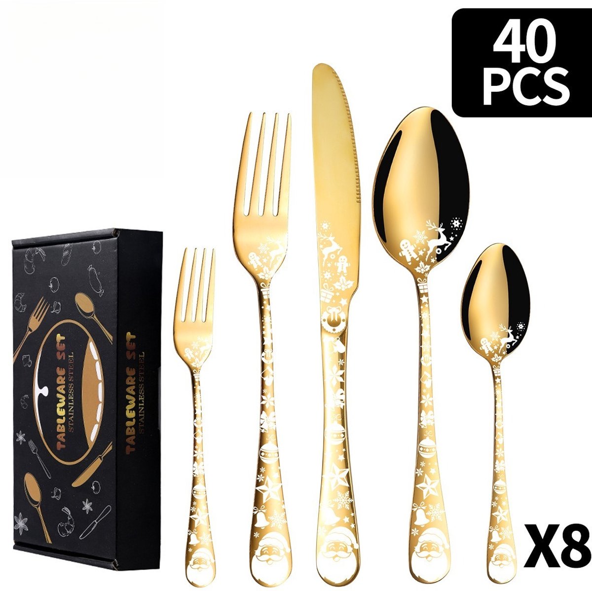 Gouden bestekset met kerstthema, 40-delig roestvrijstalen bestek, keukengerei voor 8 personen, bestek voor huishoudelijk gebruik en restaurants, vaatwasmachinebestendig