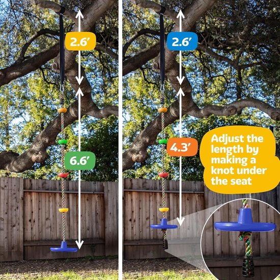Enkelvoudige klimkoord- en schommelcombinatie voor buiten – inclusief klimhaak en boomriem – kinderschommel voor in de boom, speeltoestelaccessoires – kleurrijk touw — afbeelding 3