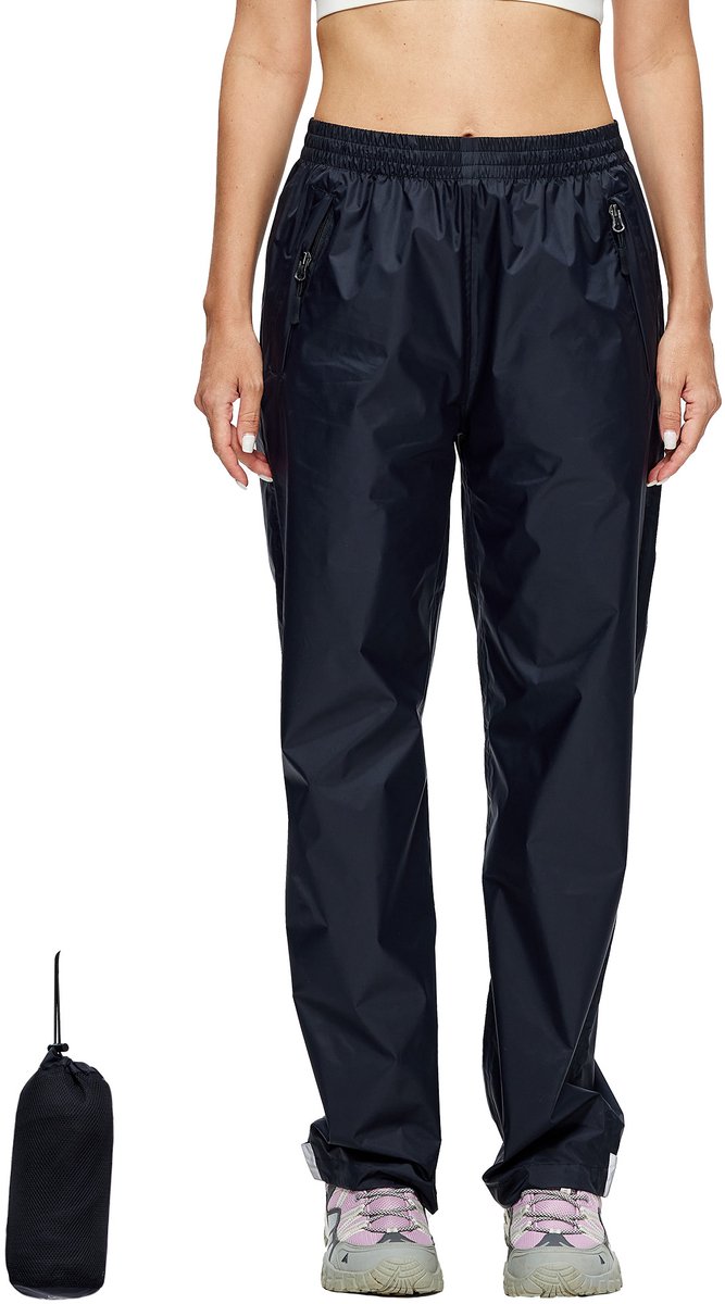 BUBW® Regenbroek Dames - 100% Waterdicht（5000 g/m²）- Ademend en Winddicht - Met Reflecterende strepen - Inclusief opbergtas - Maat L - Zwart