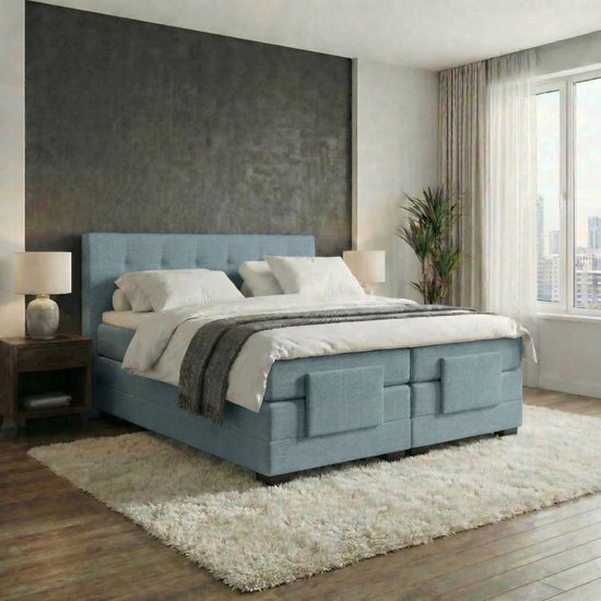 Mörgenn Elektrische Boxspring LUXA - Luxe Splittopper - Pocketvering - Lichtblauw - 140x220 cm - Inclusief Montage + Dekbed en Kussens