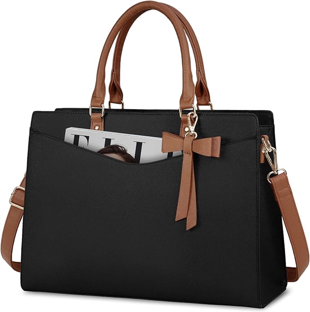 Twenty Two laptoptas voor dames | laptoptas 15.6 inch PU-leer | waterdicht | afneembare schouderriem | aktetas | handtas perfect voor werk, school, zakelijk |42x15x31cm 20L| zwart-bruin met gouden hardware
