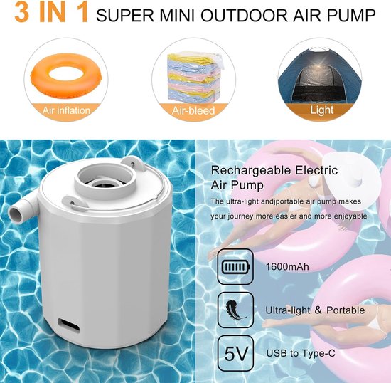 3-in-1 luchtpomp - Luchtpomp & luchtcompressor & lantaarn - met 5 mondstukken - USB oplaadbare zakpomp/opblaaspomp - voor luchtbed / zwemring / vacuumzakken kleding - Wit — afbeelding 5