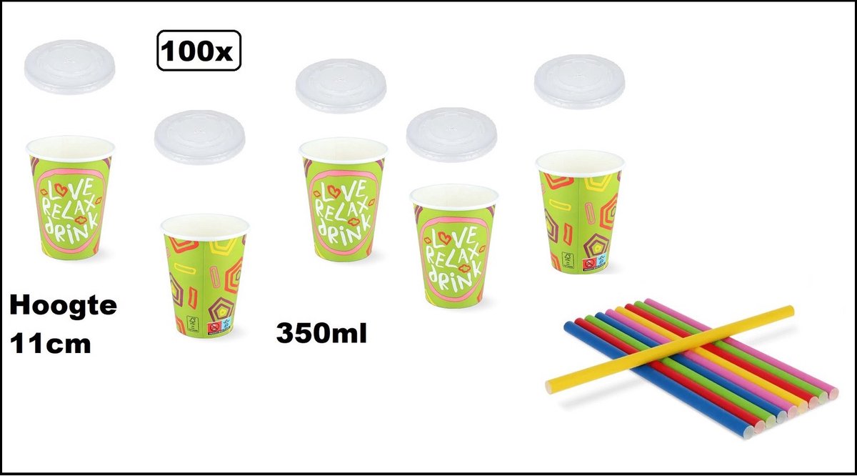 100x Milkshake beker Relax groen 350ml + 100x deksel + 100x rietjes color - Karton - Drinken beker thema feest festival evenement fun diner milkshakebeker