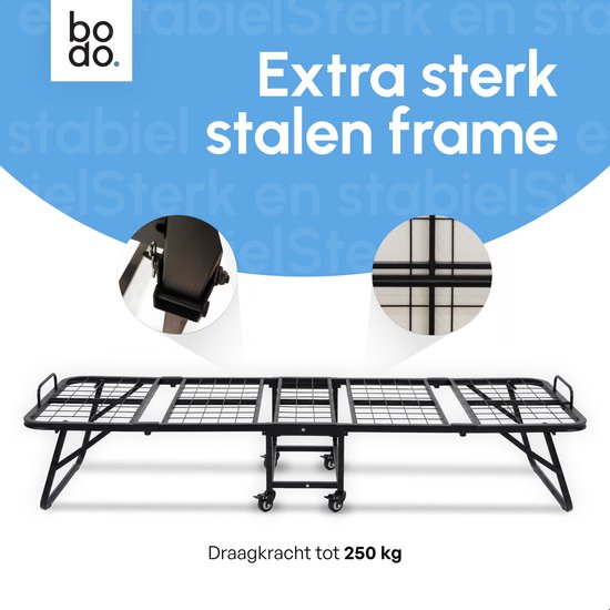 Onderstel van het Bodo opvouwbare bed, met nadruk op het extra sterke stalen frame en de draagkracht tot 250 kg.
